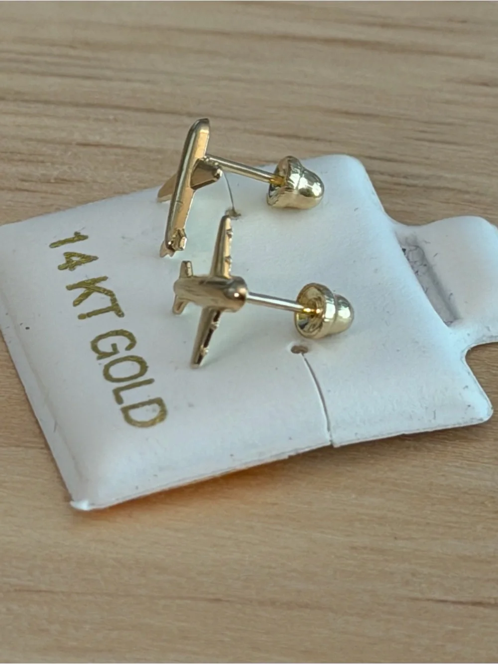 14K Solid Gold Airplane Earring With Screw Back Bell Backing Ball